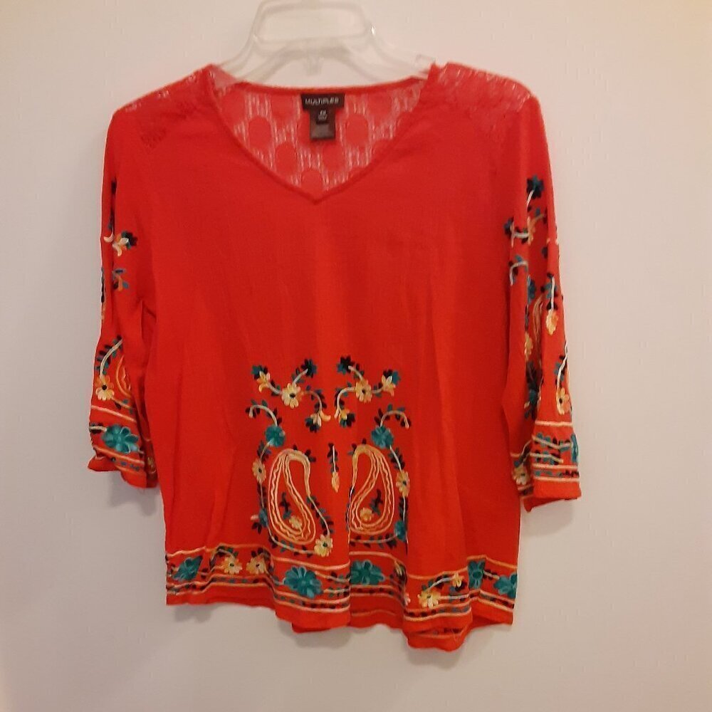 Multiples (PM) Orange Blouse w/Embroidered Flowers on Neck, Front & Sleeves